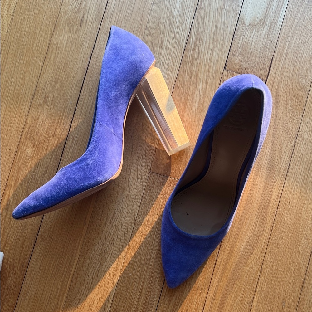 Tory Burch Silvana Blue Suede lucite wood Heels
